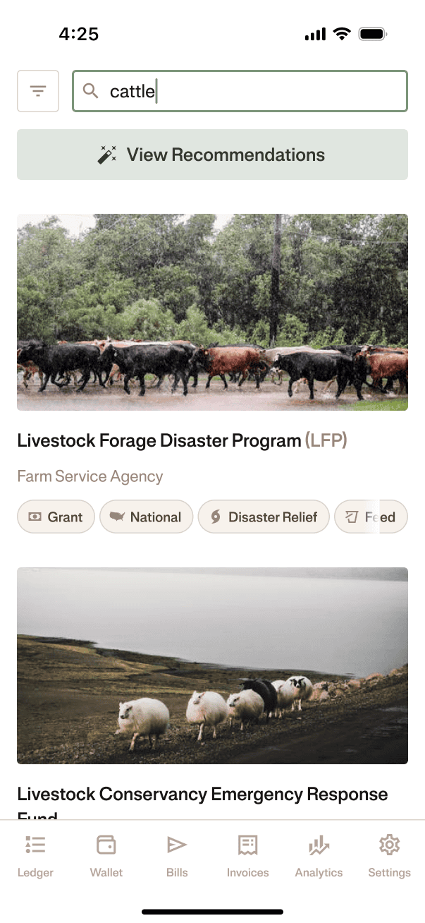 Phone user interface mockup of funding program discovery on Ambrook