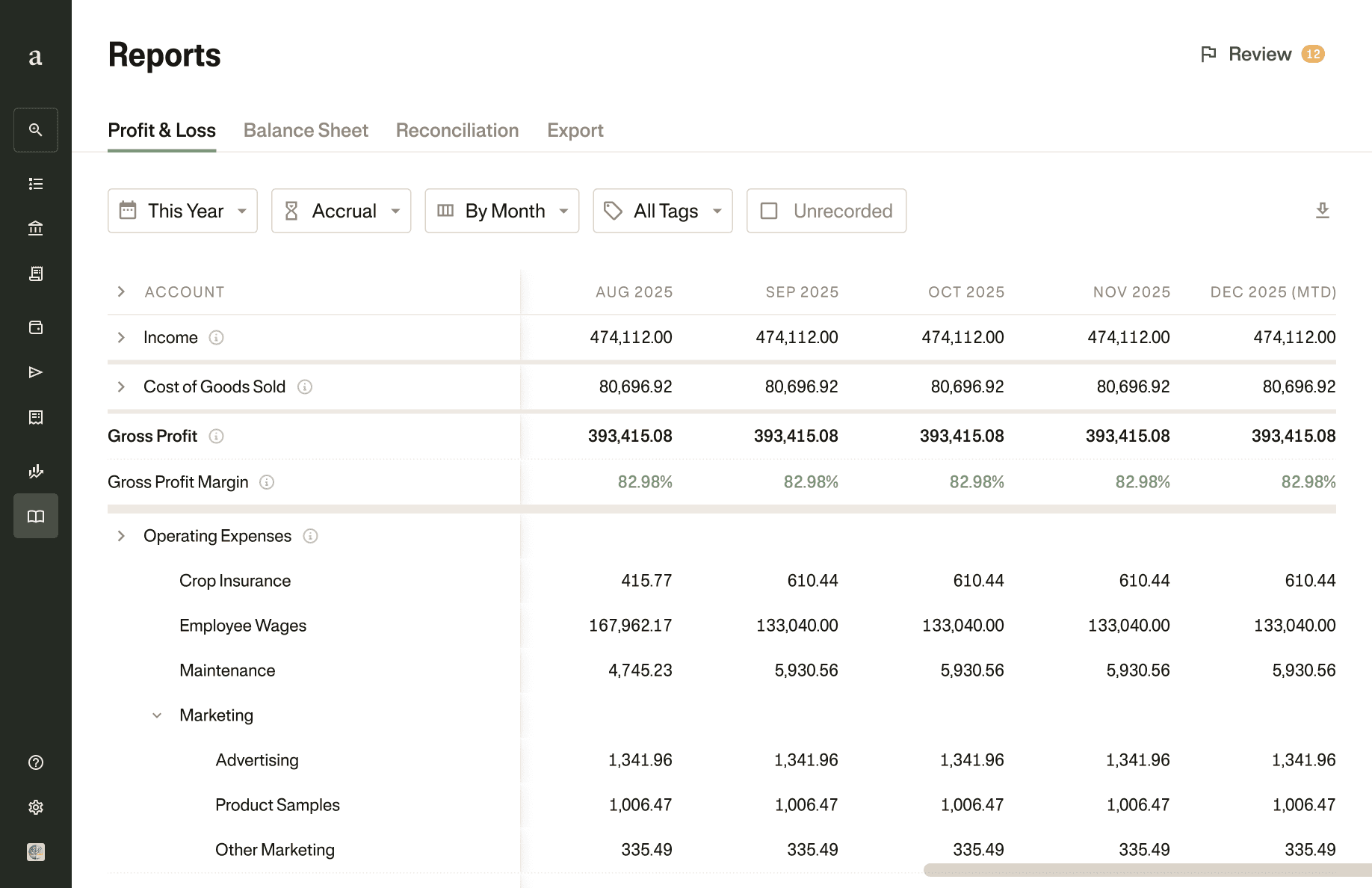 Laptop user interface mockup of interactive reports and accounting statements on Ambrook